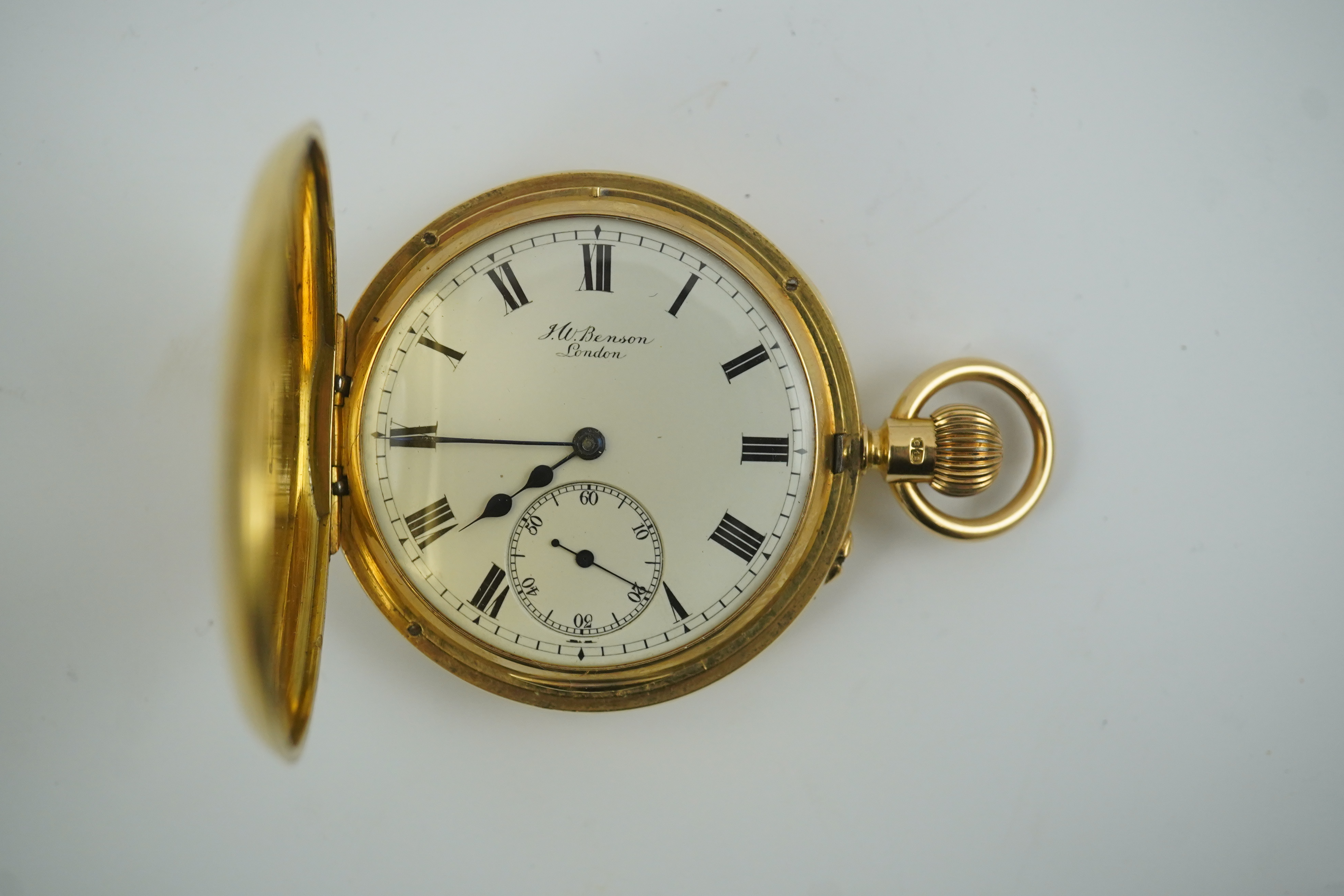 An Edwardian 18ct gold J.W. Benson half hunter keyless pocket watch